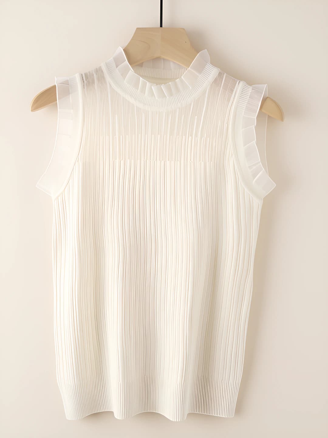 Women's 2026 knitted top with lace, white, mock neck, sleeveless