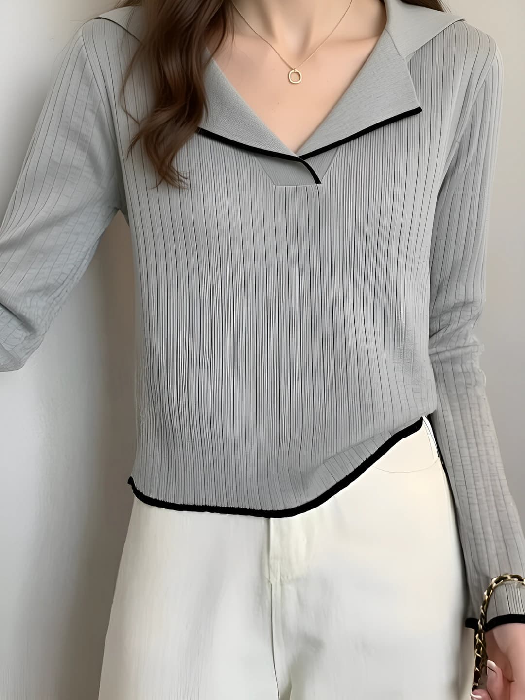 Ayollar uchun to'qima polo yoqali top, 2026 kuz, uzun yeng, bir rangli, yupqa, polyester