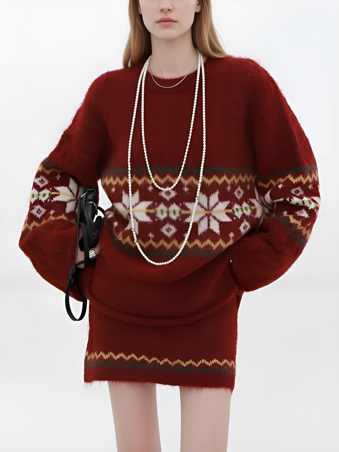 Women's winter wool knit sweater and mini skirt set, long sleeve cardigan, patterned