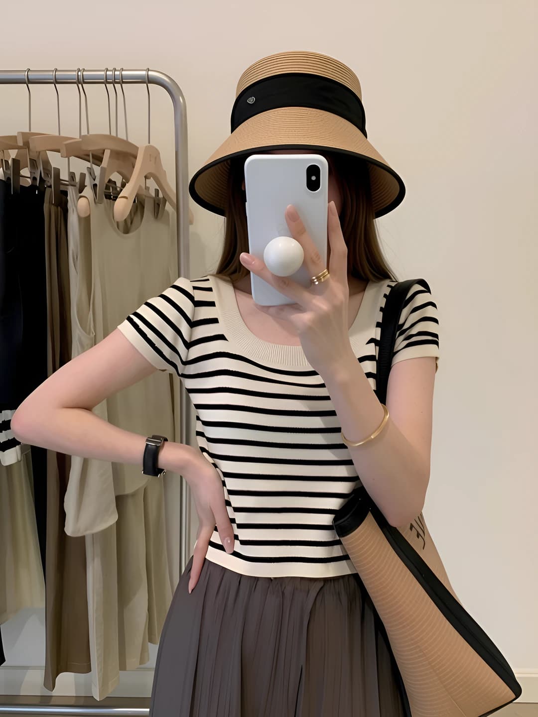 Women's striped ice-silk fabric thin slim fit short sleeve boat neck summer t-shirt