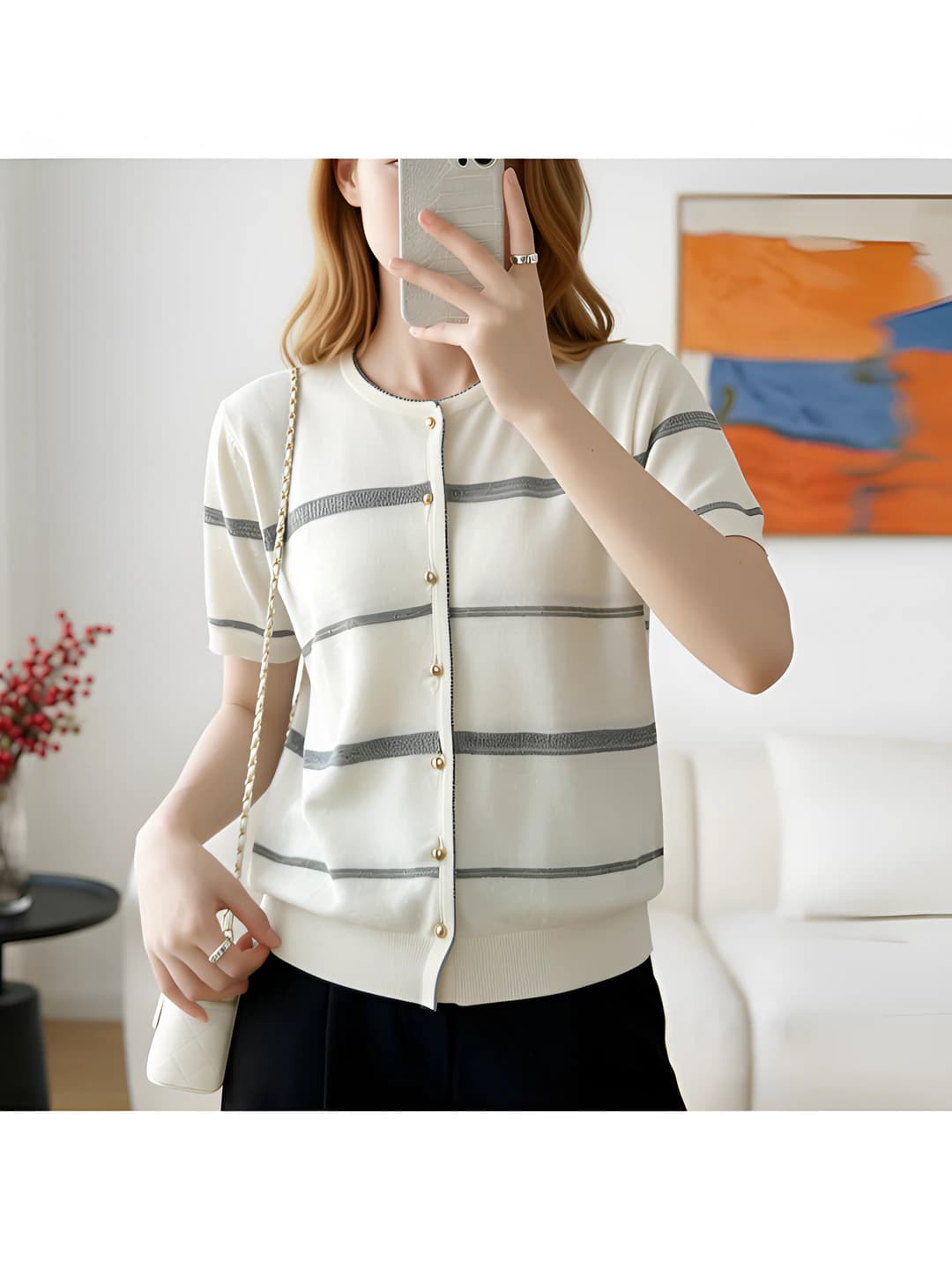 Women's summer Tencel striped cardigan, short sleeve, crew neck, loose fit, slimming, casual style