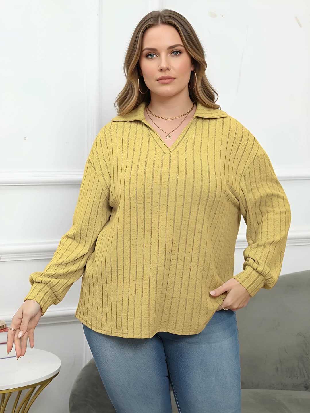 Women's knit top with polo collar, casual long-sleeve base top, striped, plus size, long sleeve, mid-length