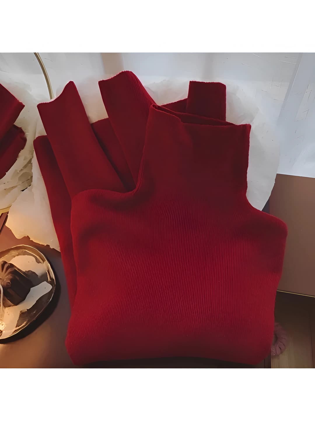 Women's red turtleneck knit sweater, autumn-winter, slim fit, long sleeve, solid colour
