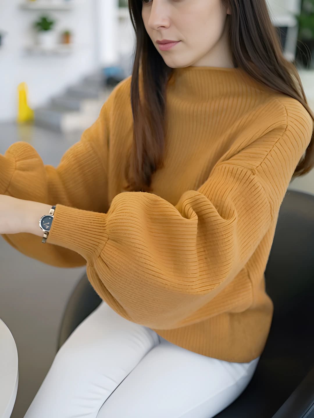 Women's solid colour knit top, mock neck, long sleeve, loose fit, spring-autumn and autumn-winter, for petite