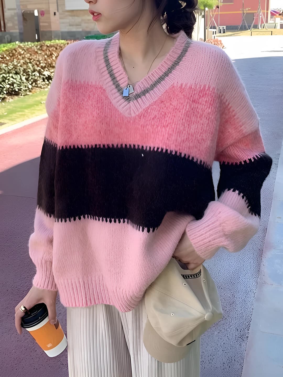 Women's Korean style V-neck loose fit slimming casual knit sweater pullover, spring-autumn, long sleeve, 3D design element
