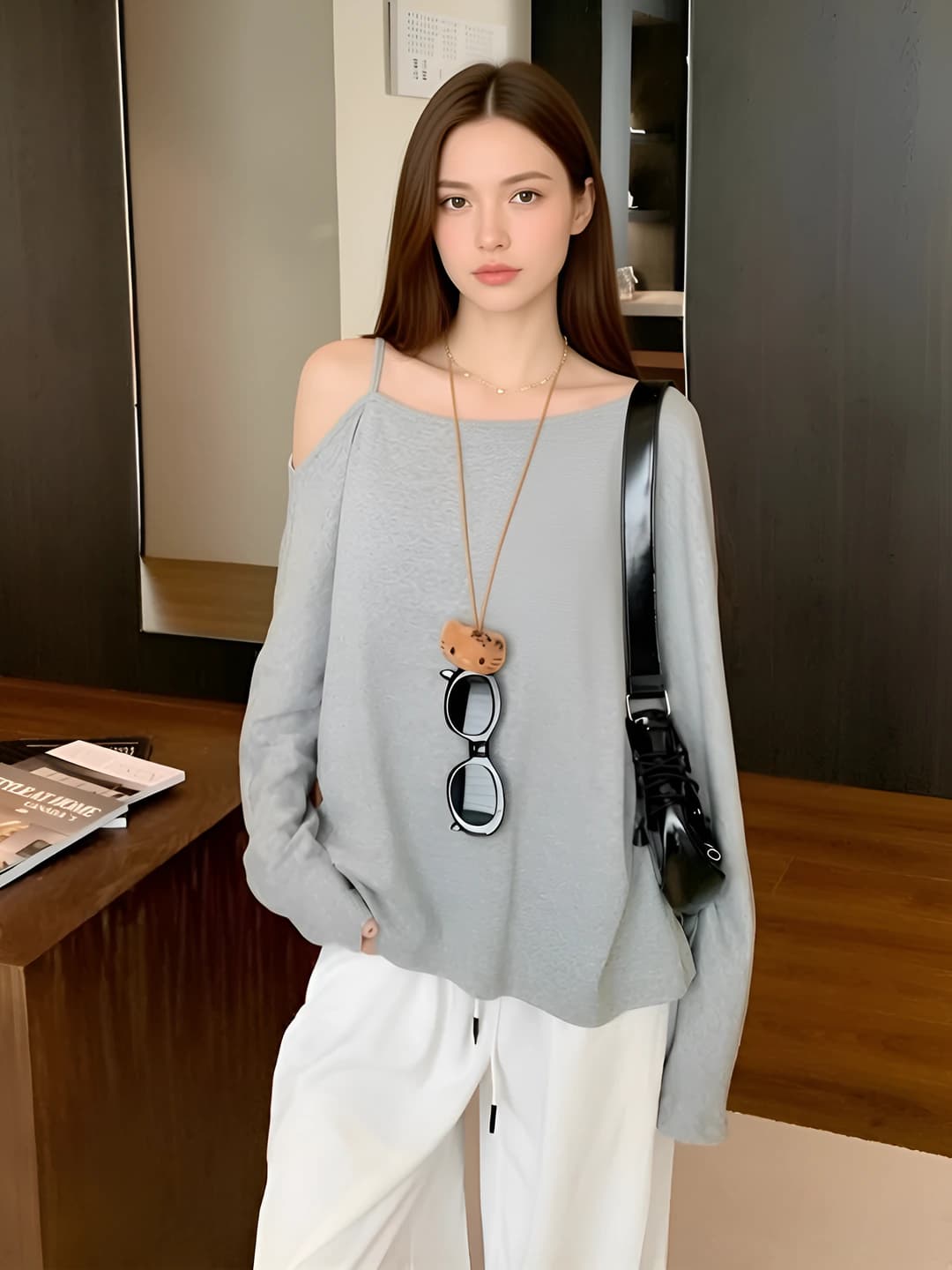 Women's off-shoulder long-sleeve top, casual, loose fit, solid colour, spring 2026