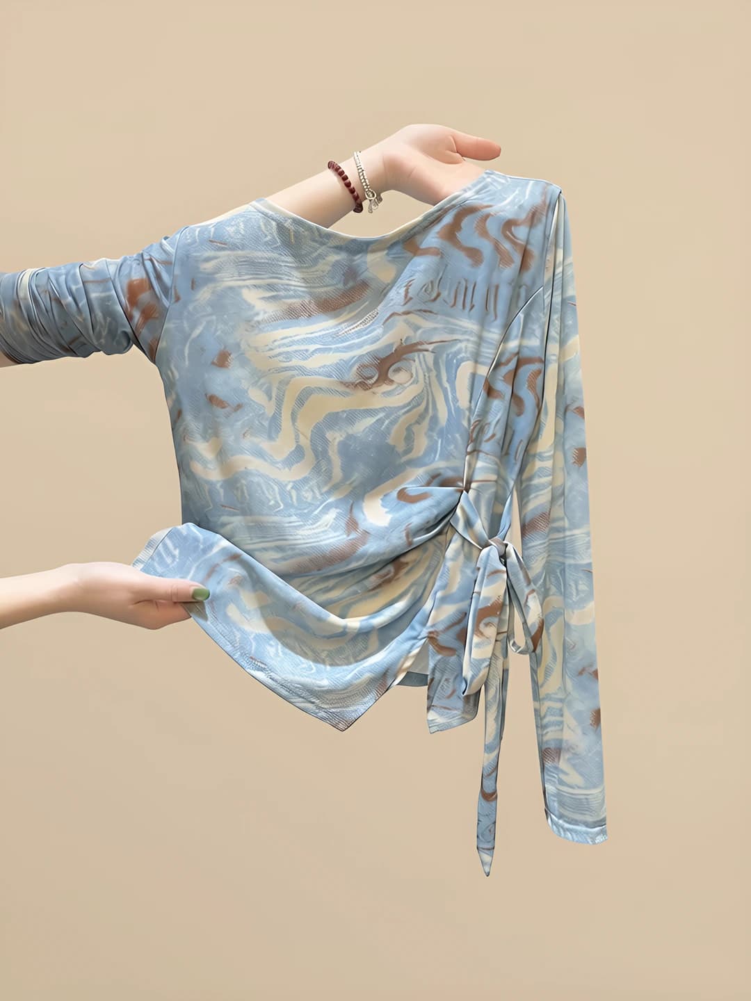 Women's long sleeve tie-dye t-shirt, straight cut, crew neck, printed, 2026 spring-autumn