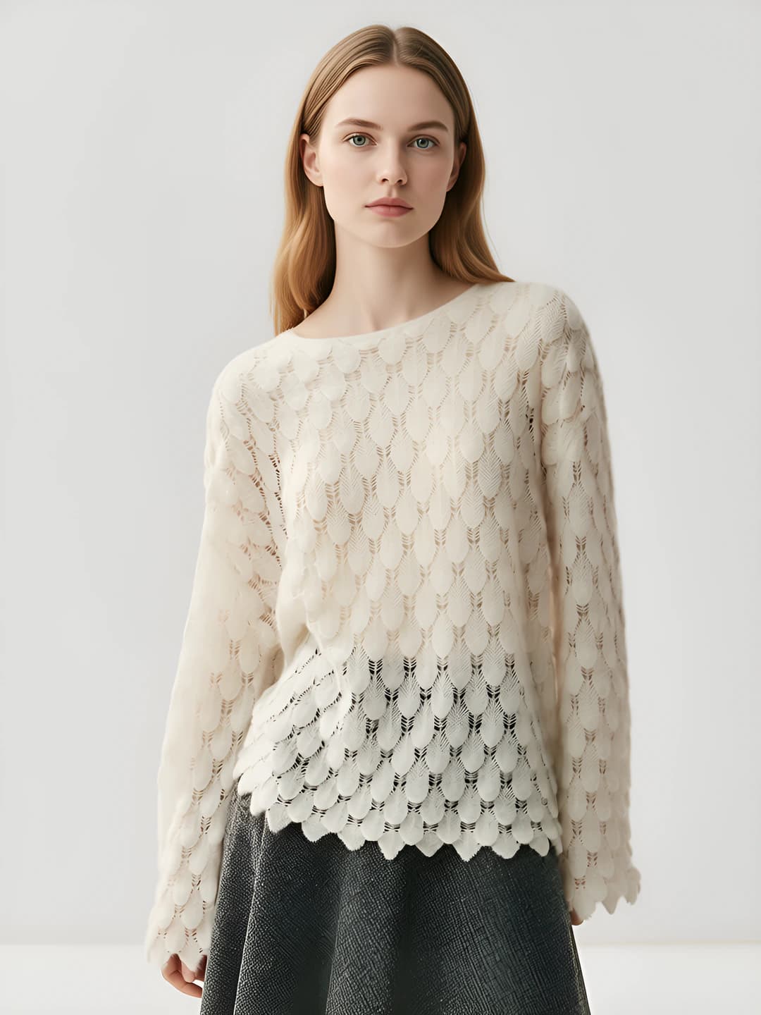 Women's cashmere sweater, autumn-winter, solid colour, loose fit, long sleeve, boat neck, petal pattern, thin