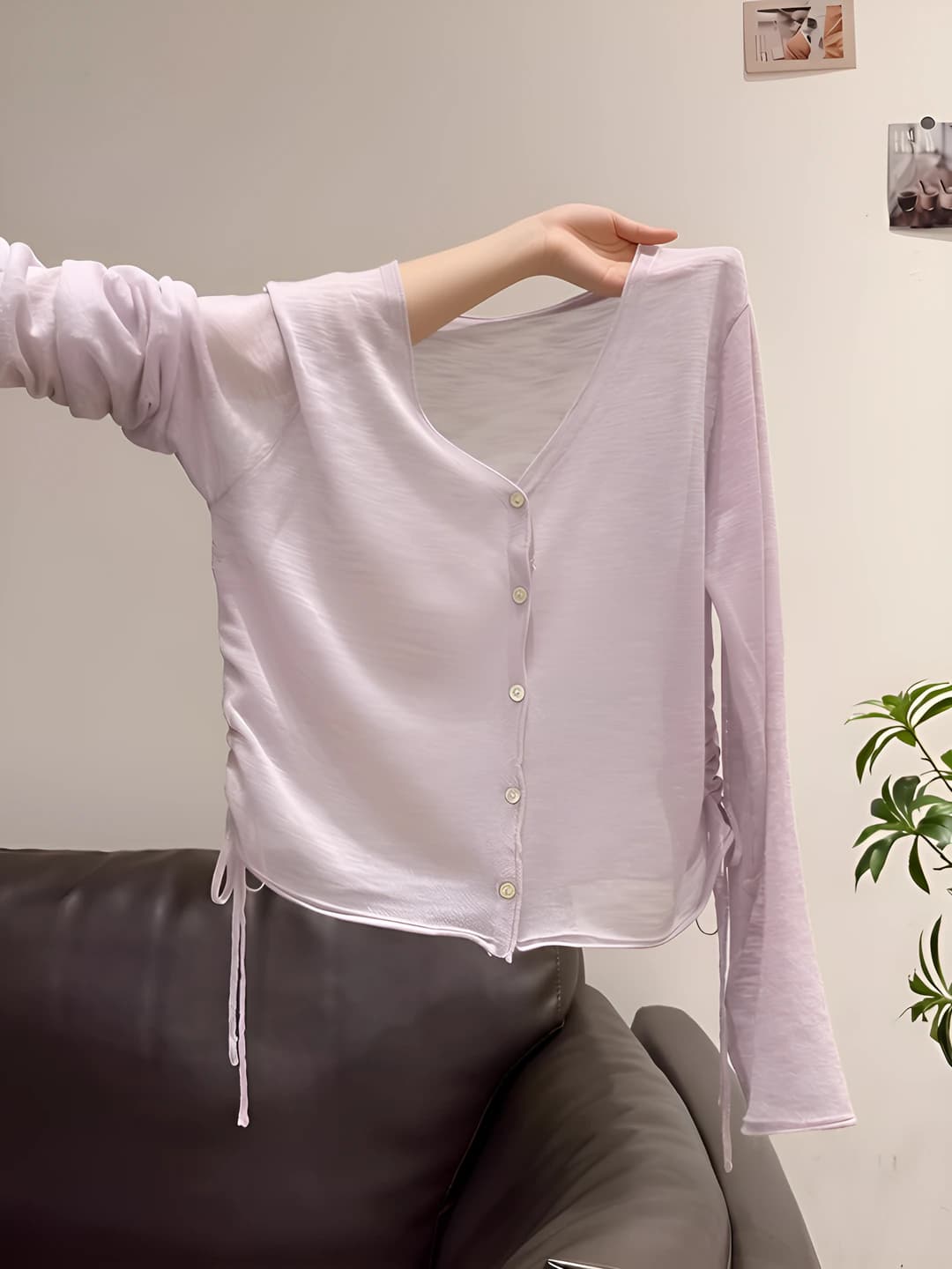 Women's summer thin ice-silk fabric cardigan with V-neck, loose fit, long sleeve, sun-protective