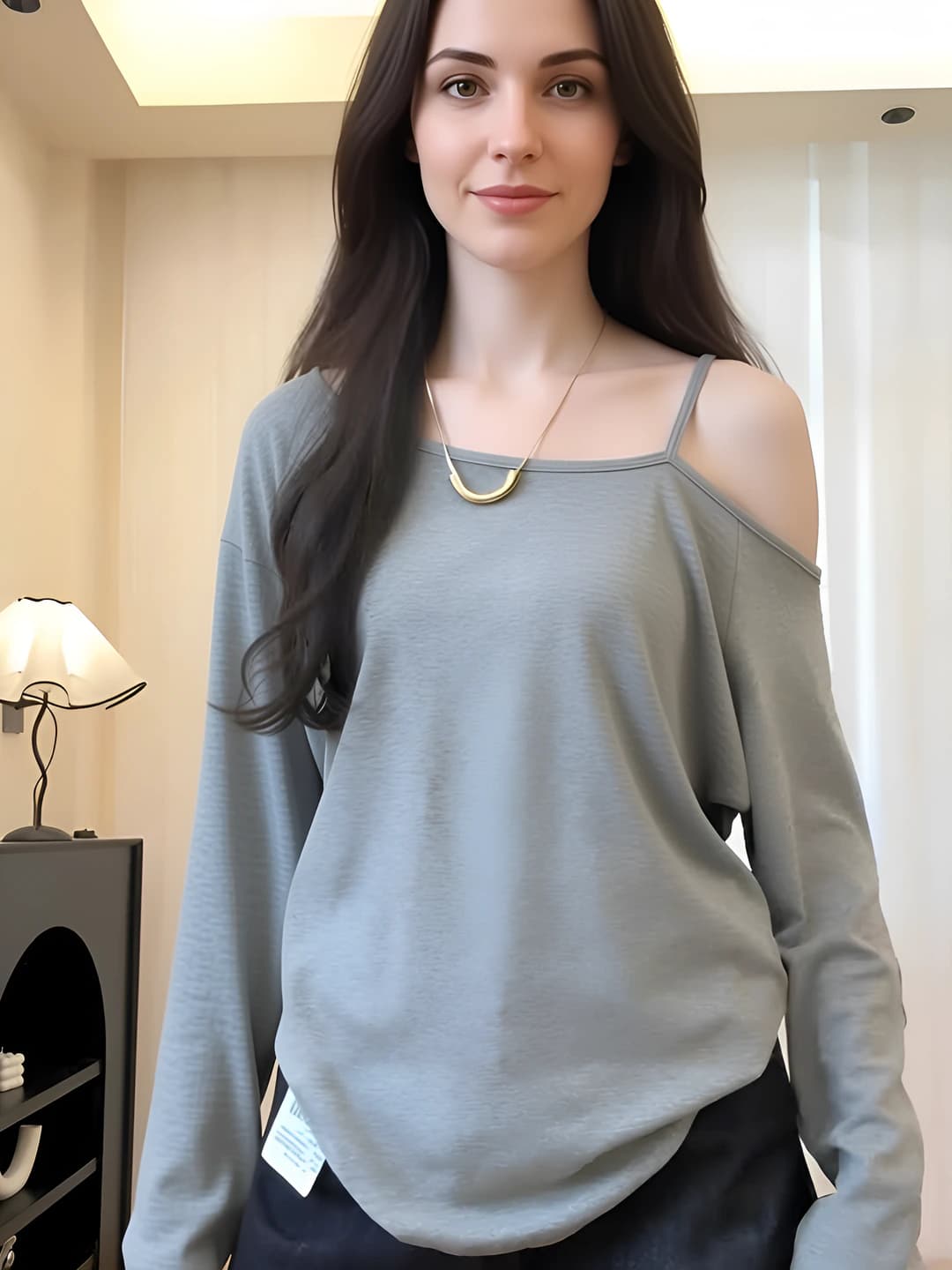 Women's long-sleeve off-shoulder t-shirt, spring-autumn, slimming, loose fit, casual, solid colour