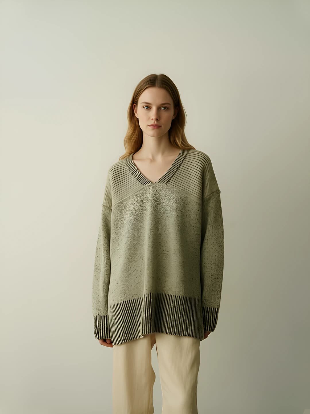 Ayollar uchun kuz-qish trikotaj sviter, dumaloq yoqa, bo'sh (oversize) kesim, uzun yeng, kundalik uslub