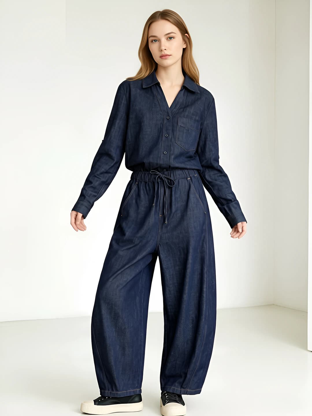Ayollar uchun keng va klesh jinsi shimlar, elastik bel, to'piqqacha, bo'sh (oversize), yozgi, 71% paxta, 23.4% lyotsell, 5.6% keneva