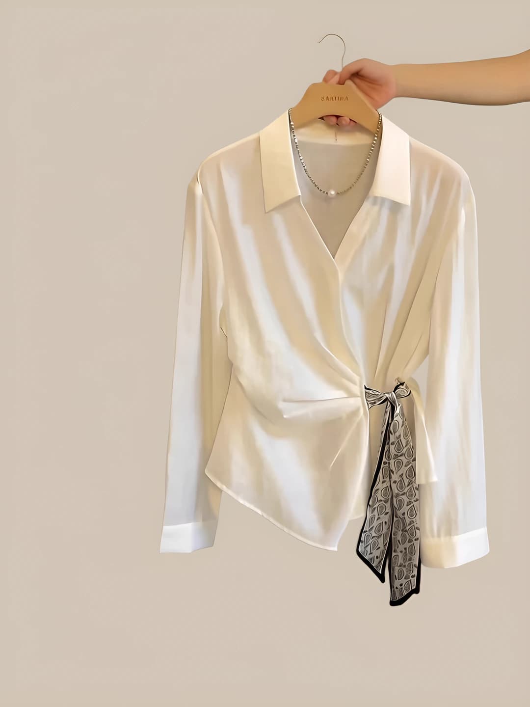 Women's white blouse with side tie, slim fit, long sleeve, POLO collar, solid colour, non-iron, autumn