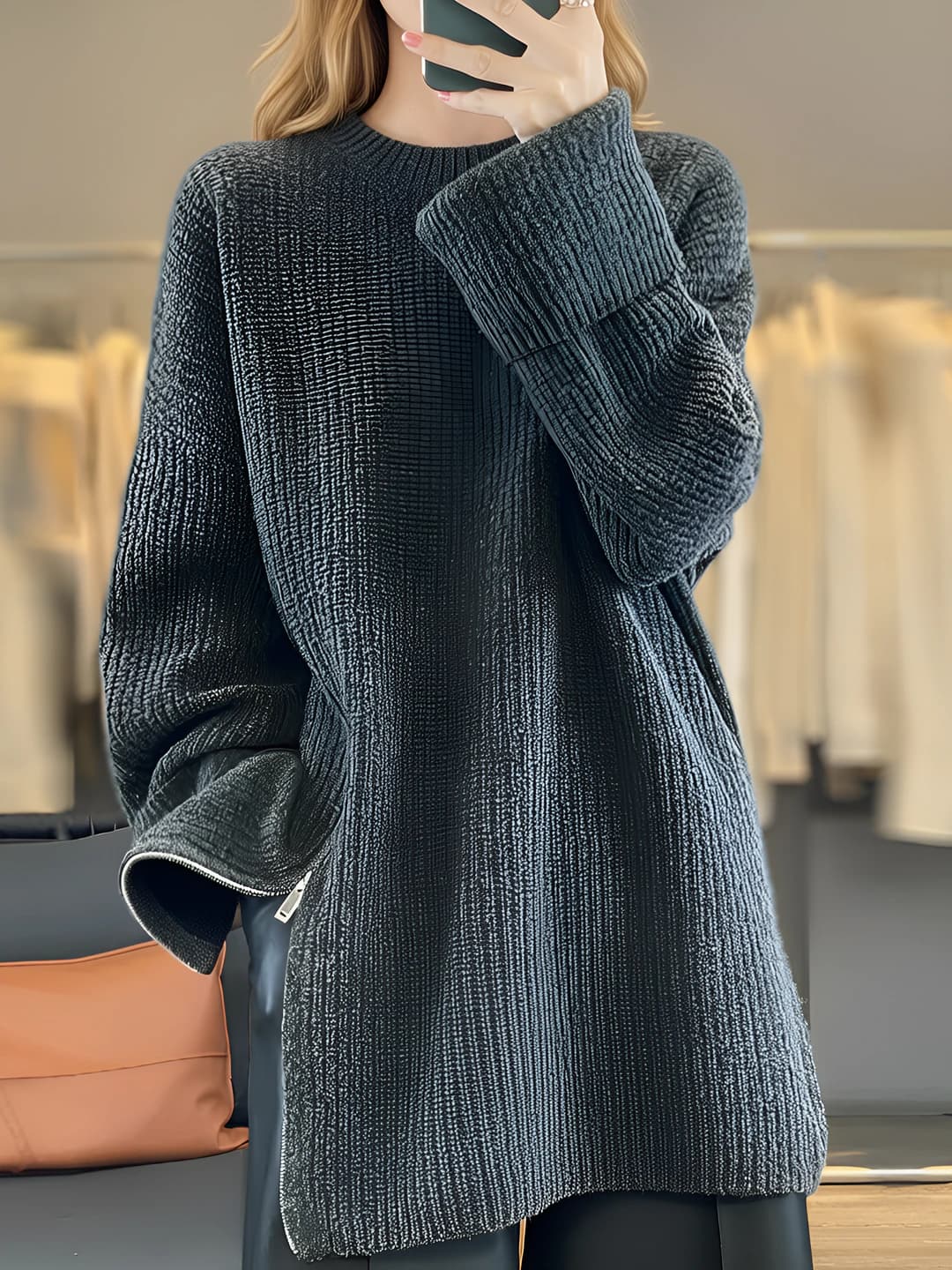 Women's 100% wool sweater, thickened, autumn-winter, crew neck, mid-length, loose fit, long sleeve