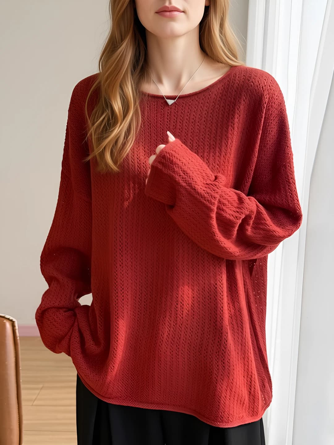 Women's spring-autumn knitted top, long sleeve, crew neck, slimming, wool