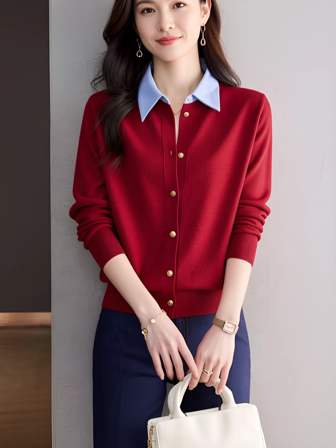 Women's knit cardigan, lapel collar, long sleeve, loose fit, solid colour, polyester