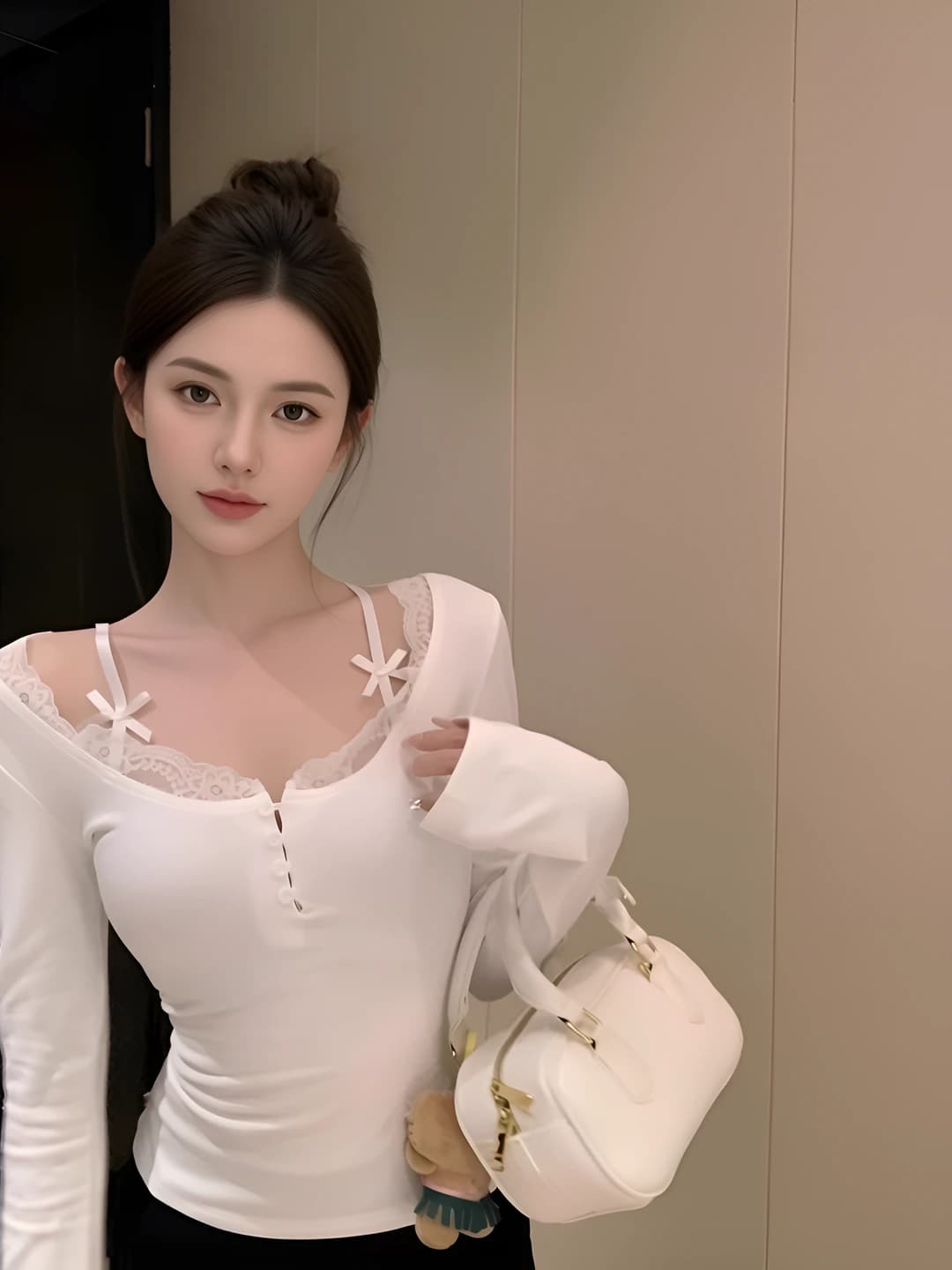 Women's white lace long-sleeve top, autumn-winter, slim fit, U-neck, base layer
