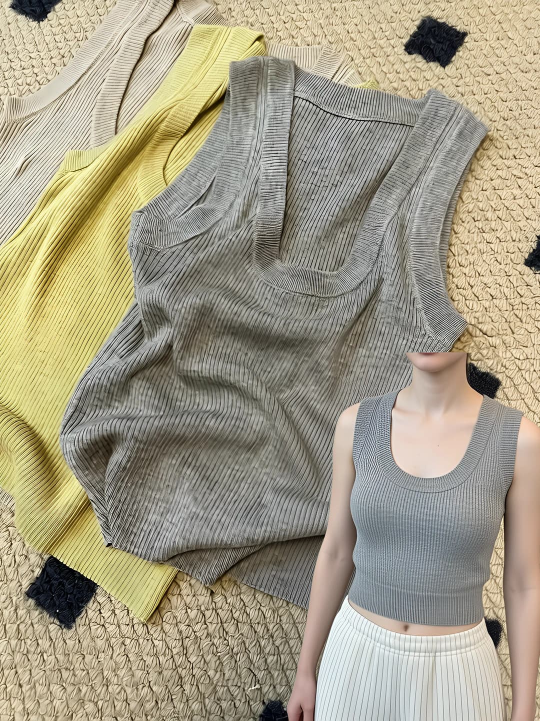 Women's 2026 gray ice-silk fabric ribbed knit tank top, sleeveless, U-neck, slim fit, solid colour, all-season