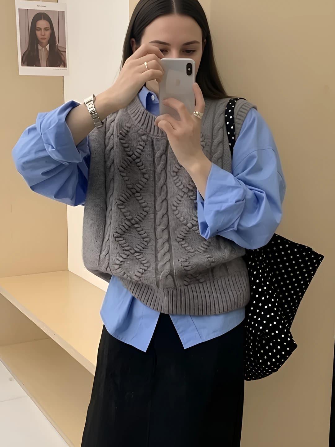 Women's cable knit crew neck sweater vest, solid colour, loose fit, polyester, autumn-winter