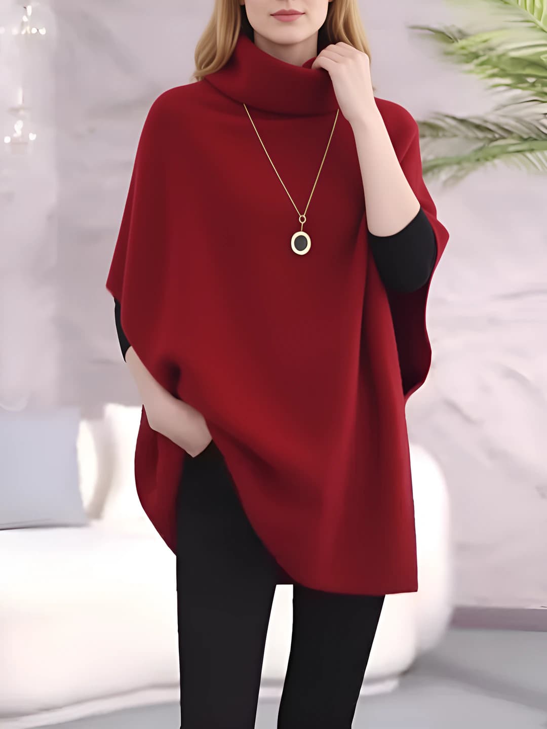 Ayollar uchun bahor-kuzgi yengsiz, baland yoqali, bir rangli, bo'sh (oversize) sviter