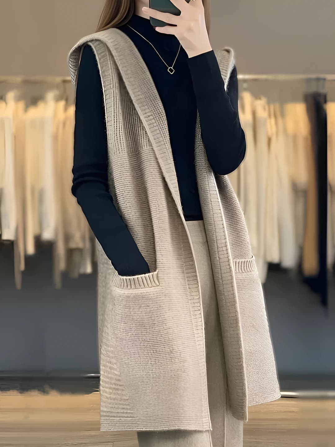 Women's solid colour sleeveless mid-length loose fit hooded sweater vest (cardigan) for autumn-winter