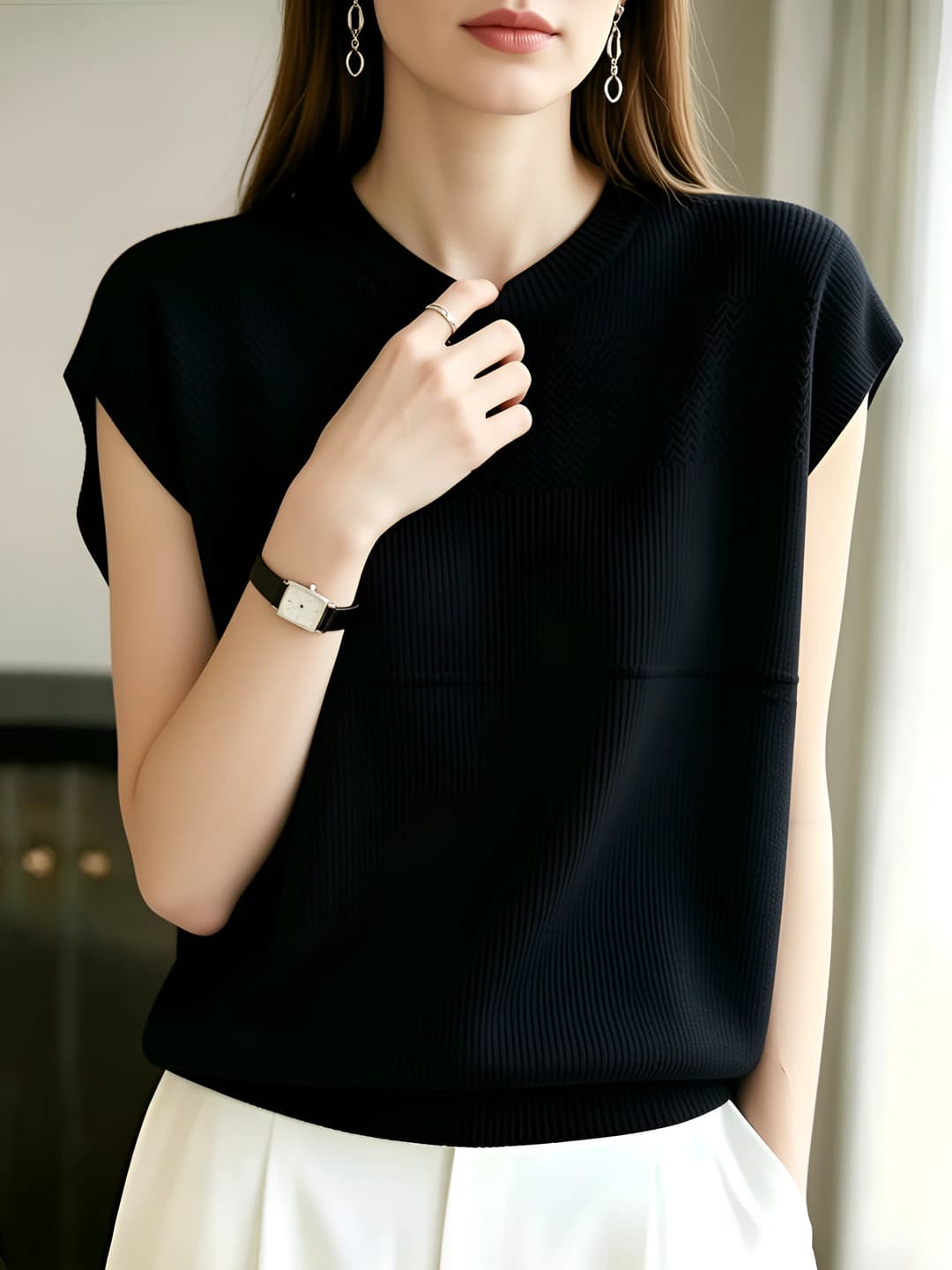 Women's 2026 summer ice-silk fabric, silk, crew neck, short sleeve, solid colour, slimming knit top