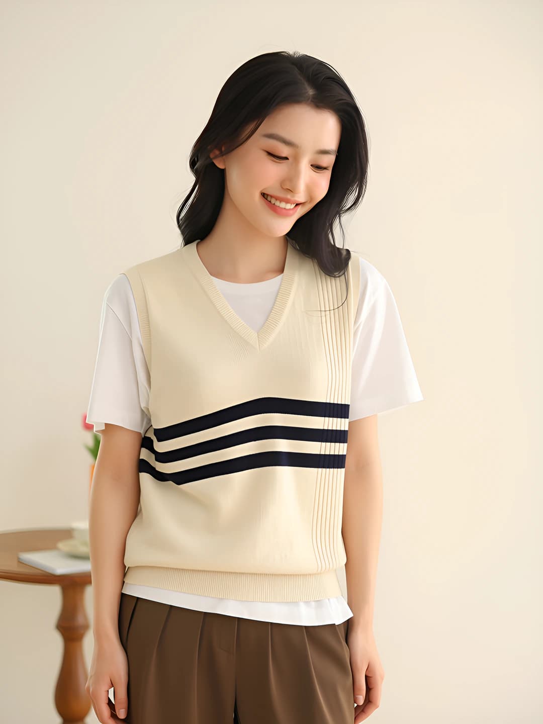 Ayollar uchun V-yoqali yengsiz trikotaj jilet, chiziqli, bo'sh (oversize) kesim, kundalik uslub
