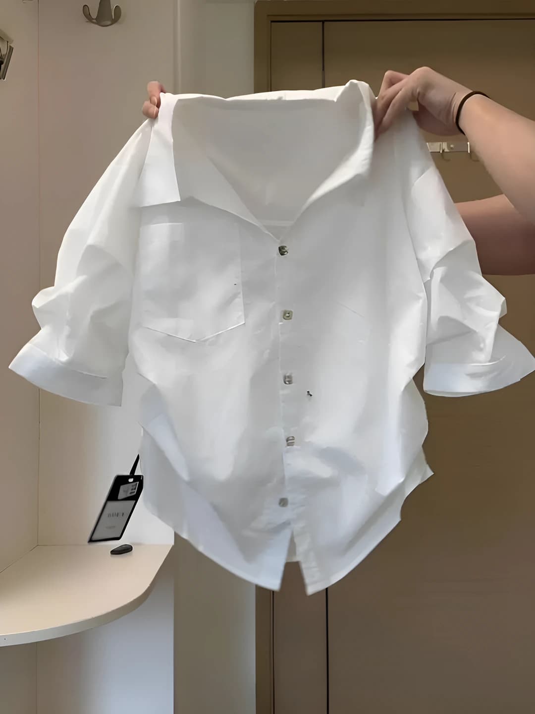 Women's white button-up shirt, 2026 summer, short sleeve, POLO collar, geometric pattern, French old money style