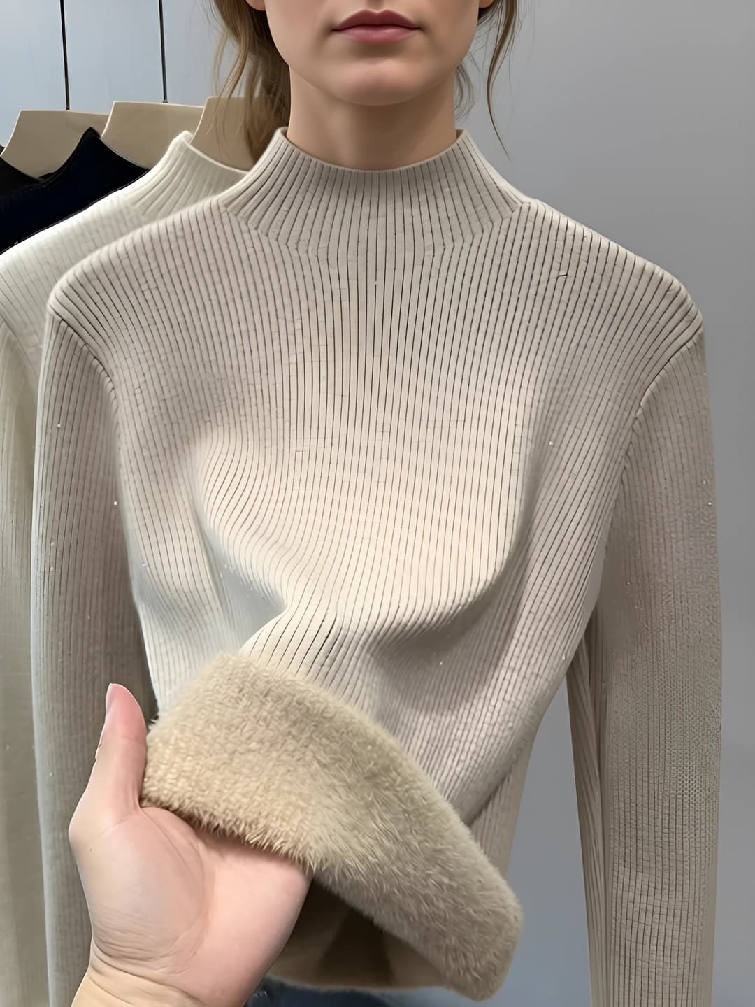 Women's fleece-lined thickened mock neck sweater, autumn-winter, long sleeve, urban style