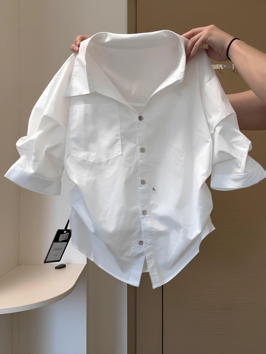 Women's white short-sleeve button-up shirt, 2026 summer, French old money style, fitted waist, POLO collar, geometric pattern, stretch polyester fabric