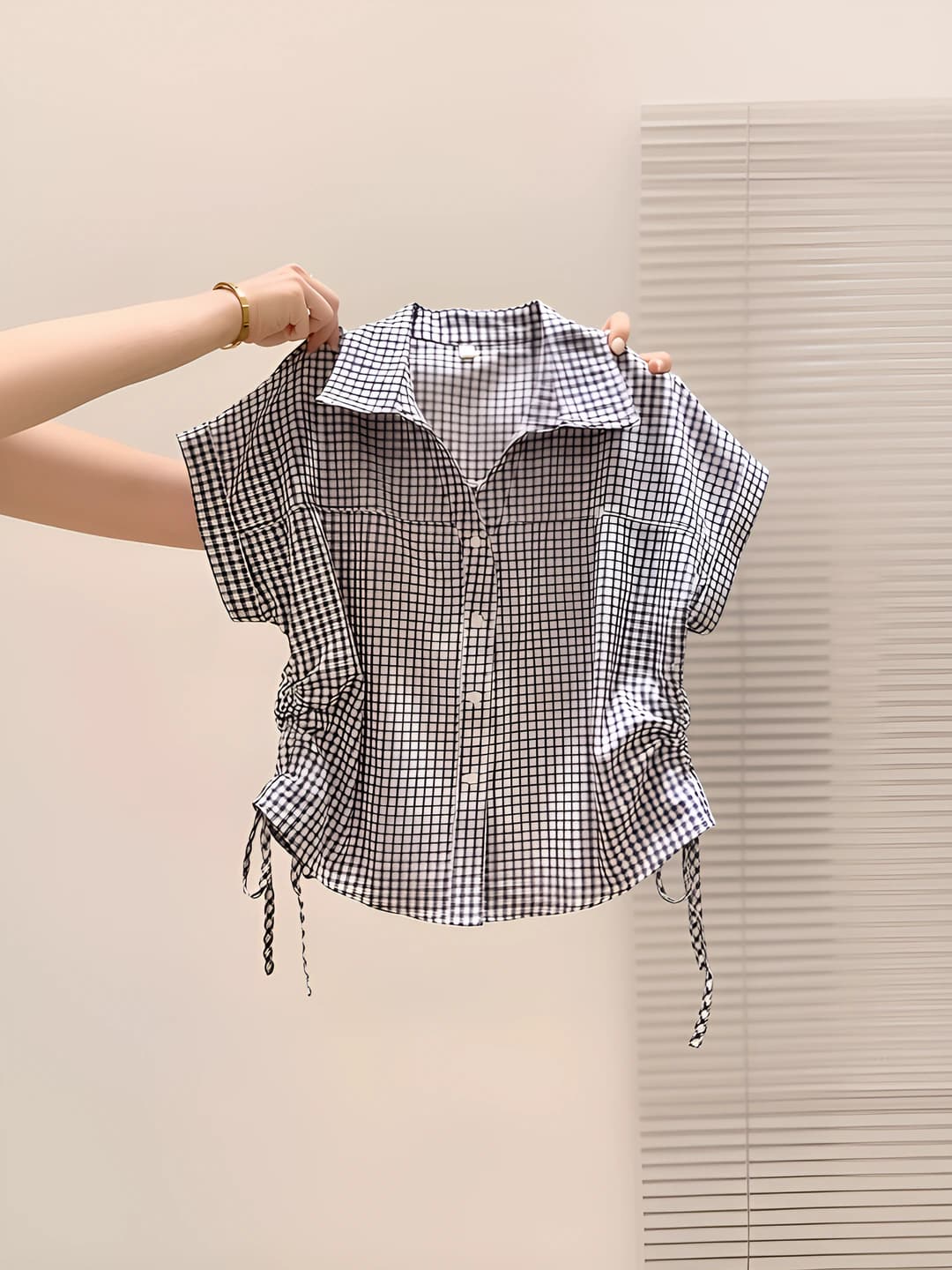 Women's polo collar checked short sleeve shirt, summer, loose fit, slimming, 2026