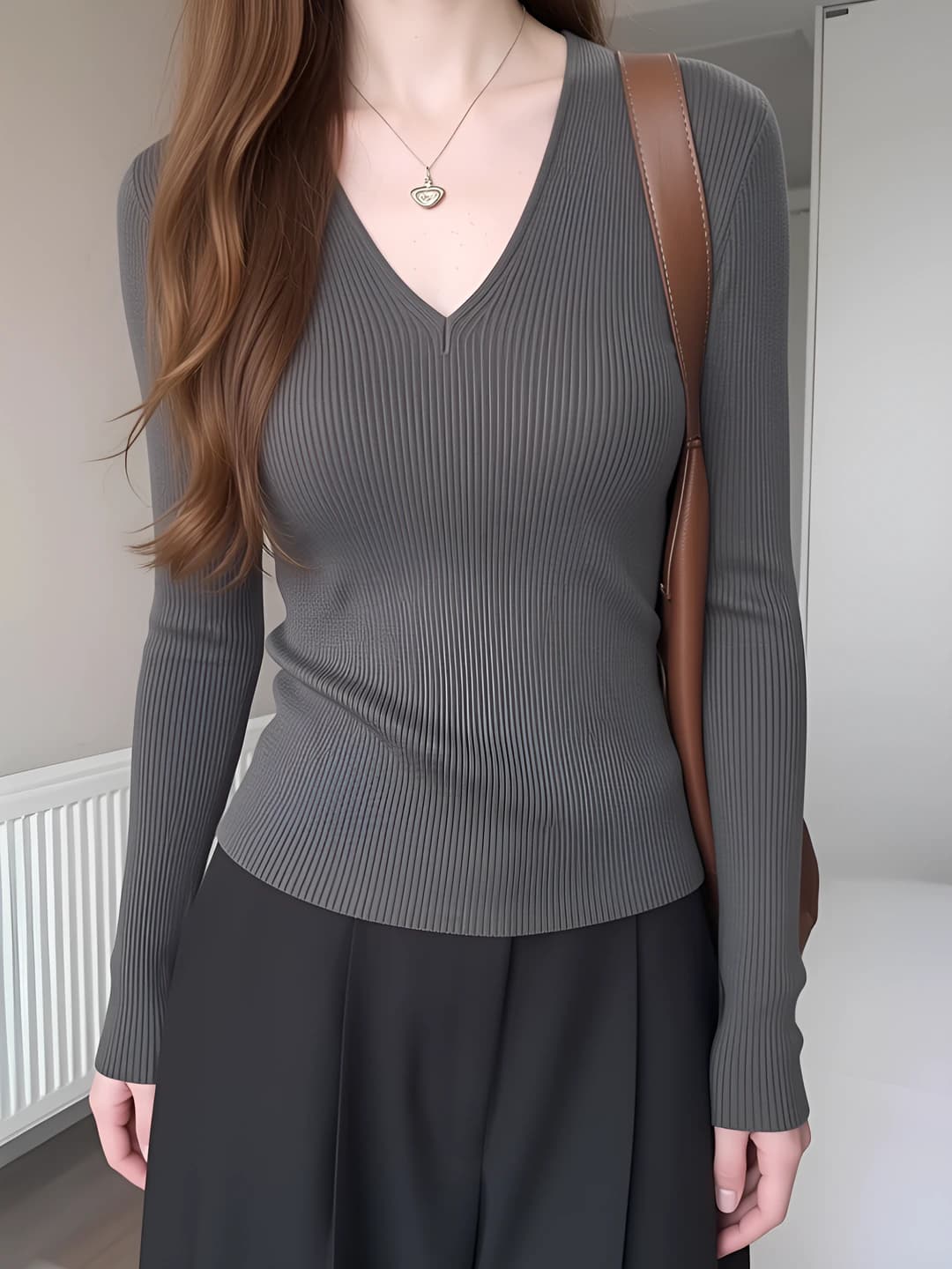 Women's V-neck long-sleeve knitted pullover sweater, 2026 autumn-winter, dark grey, long, slimming, solid colour, casual