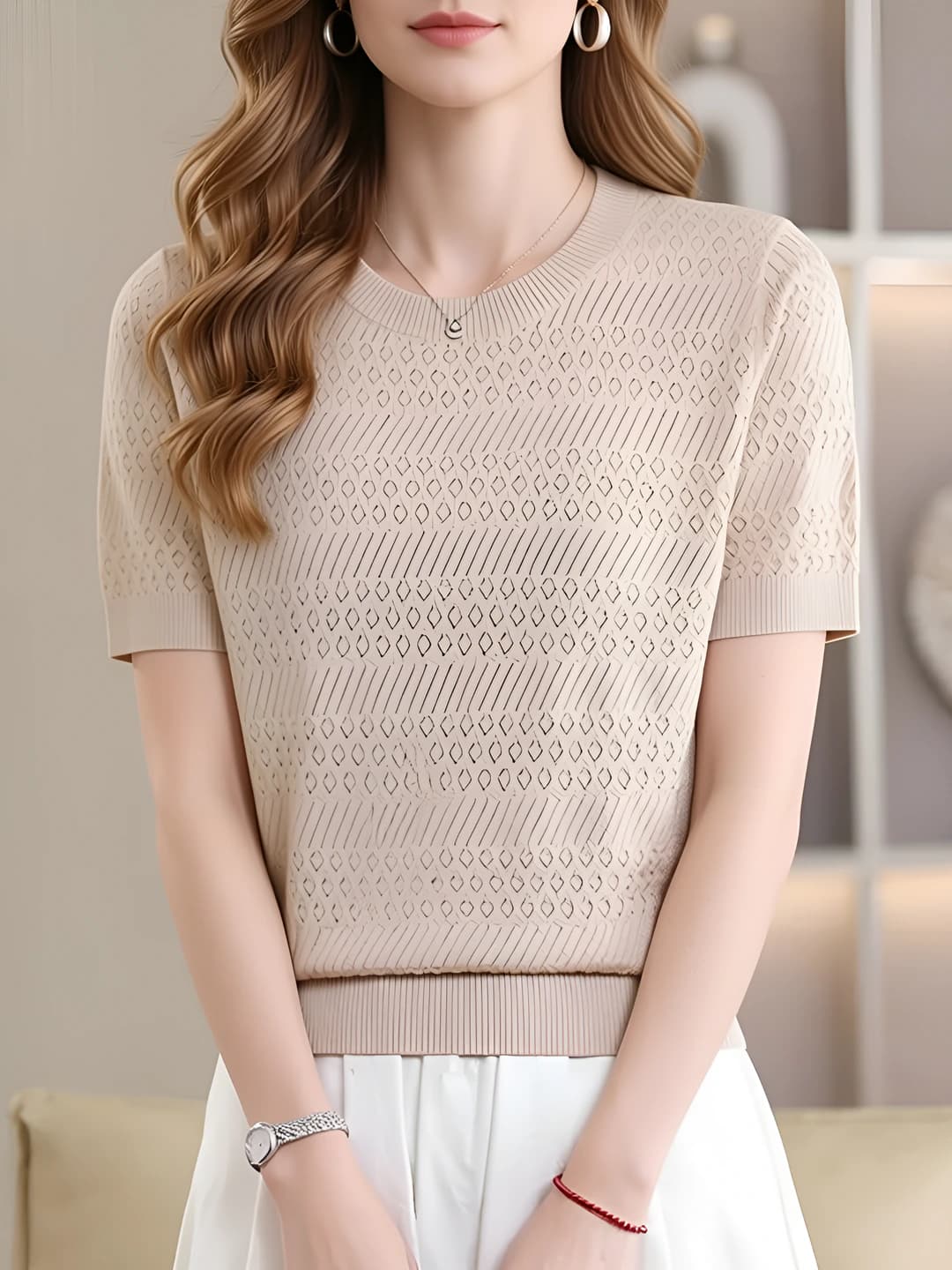 Women's thin knit top for summer, crew neck, short sleeve, solid colour, loose fit