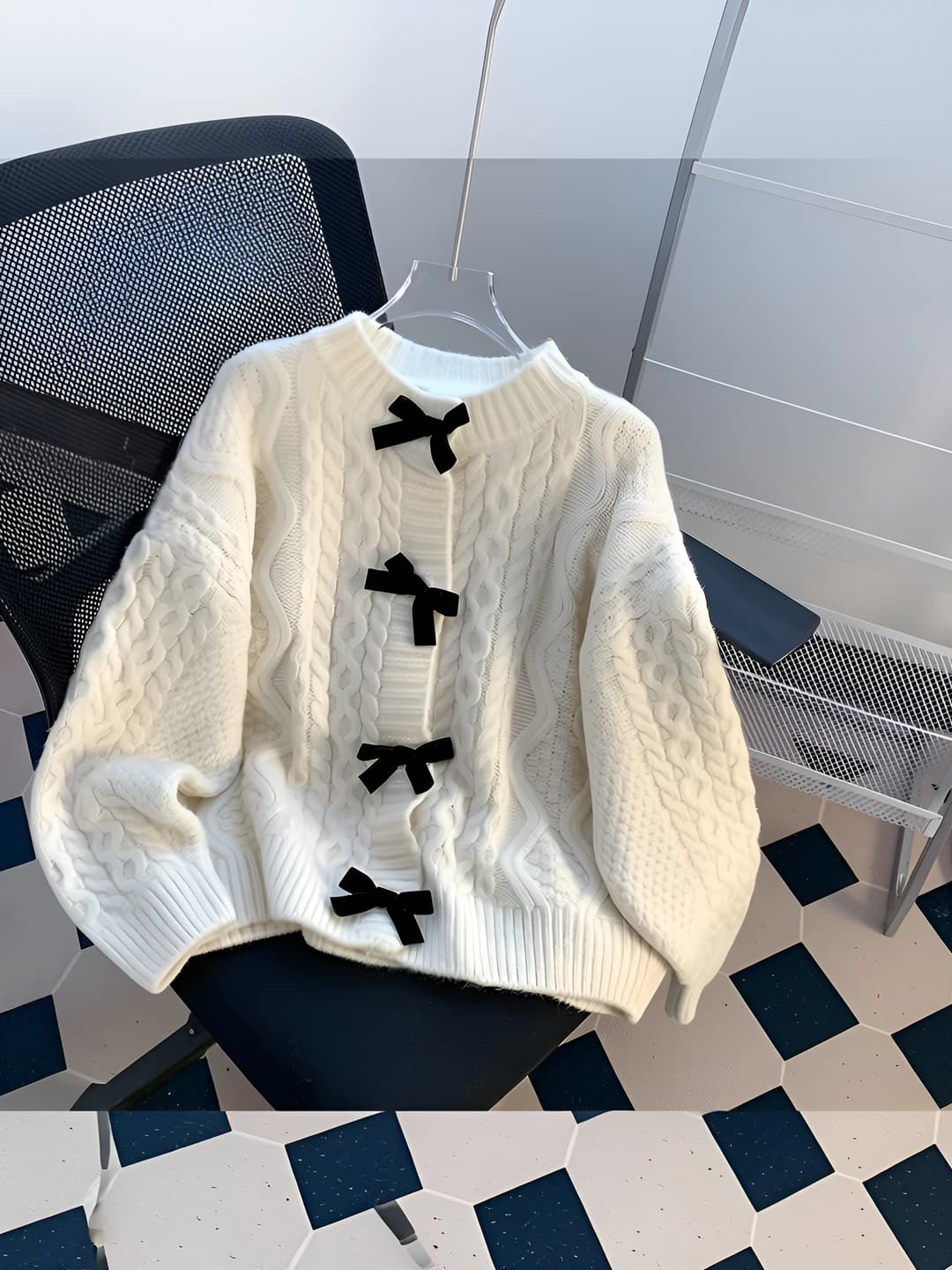 Ayollar uchun bahor-kuz retro uslubidagi bo'sh (oversize) dumaloq yoqa uzun yengli kardigan