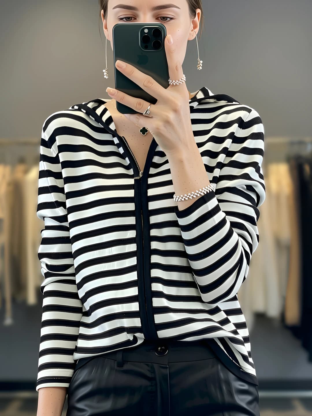 Women's wool striped zip knit cardigan, spring-summer, long sleeve, casual, slimming