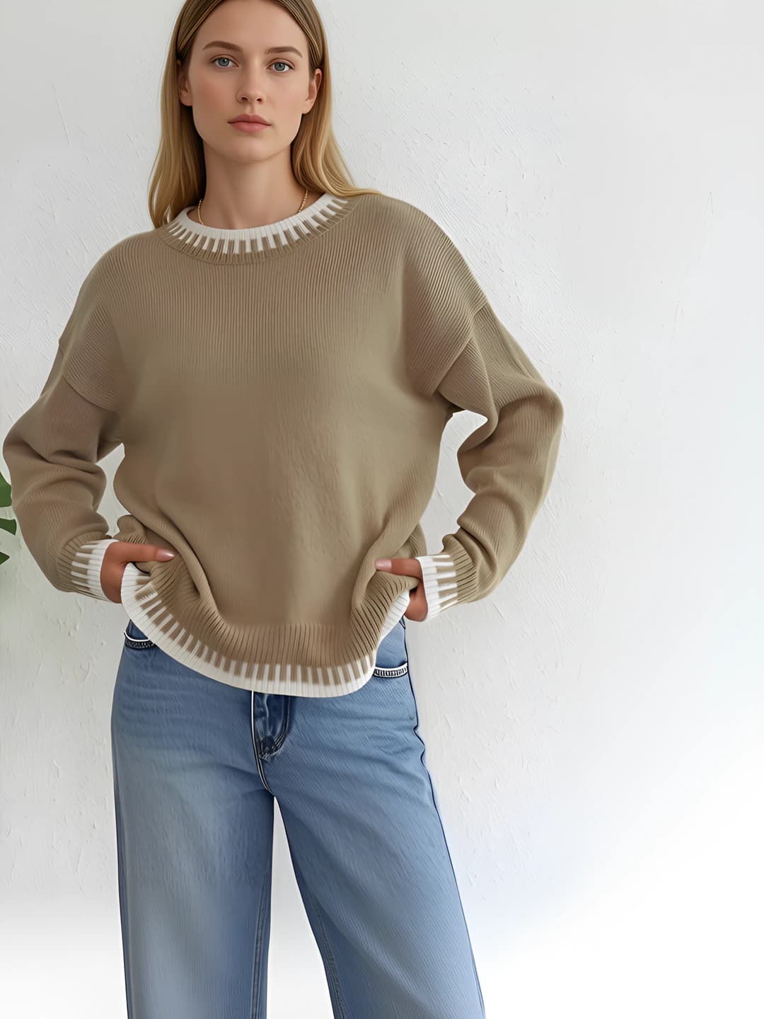 Women's 2026 autumn-winter loose fit crew neck casual sweater, long sleeve, medium thickness, color-block pattern