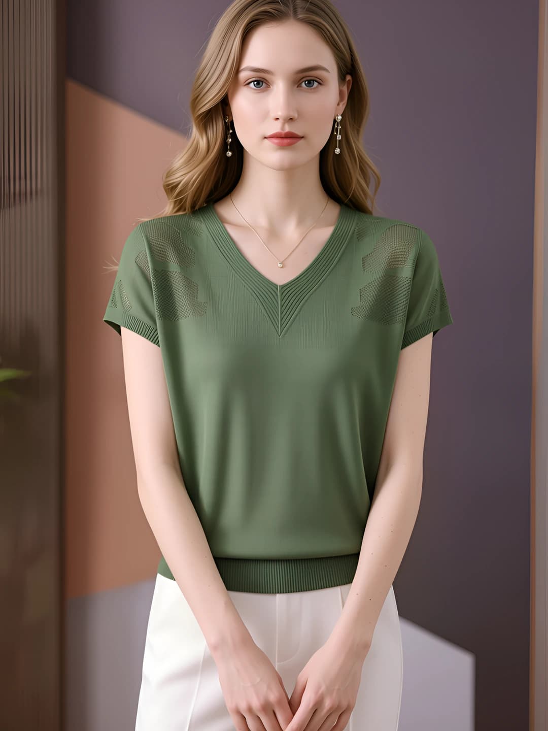 Women's summer V-neck ice-silk fabric knit top, thin, loose fit, solid colour, short sleeve, casual style, knitted tops