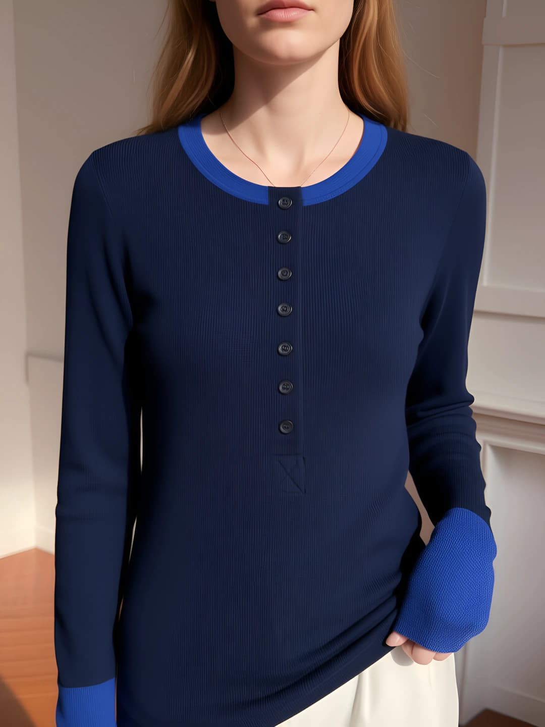 Women's spring-summer wool sweater, slimming, solid colour, long sleeve, half-open collar, faux two-piece