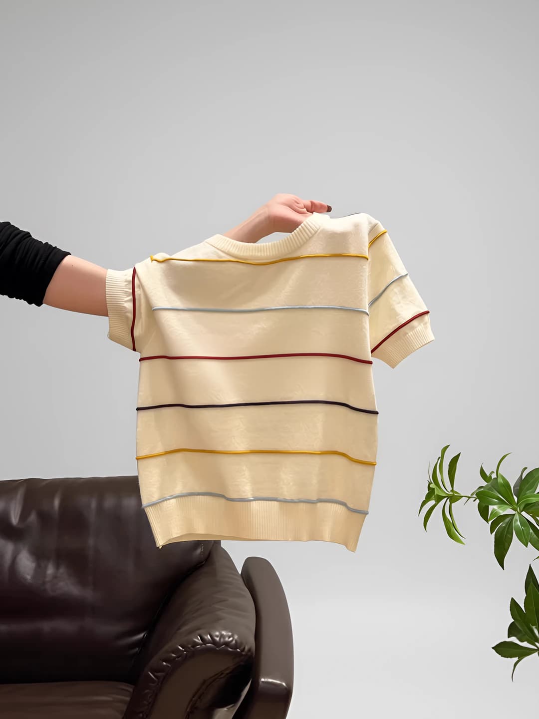 Women's striped knitted short-sleeve top, apricot, 2026 summer, slim fit, slimming, crew neck