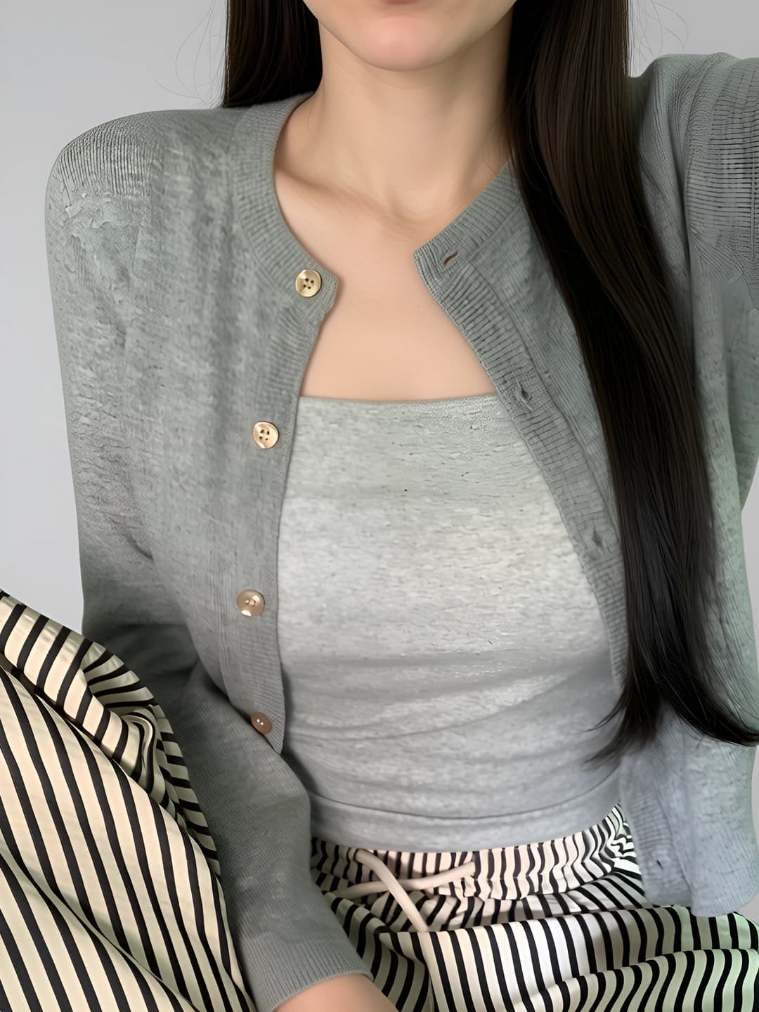 Women's 2026 spring french style grey knitted cardigan, slim fit, slimming, crew neck, long sleeve, solid colour
