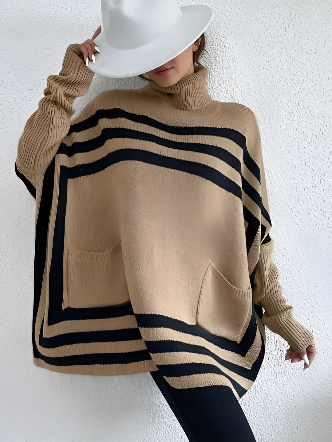 Women's high neck striped batwing sleeve loose fit knitted pullover sweater