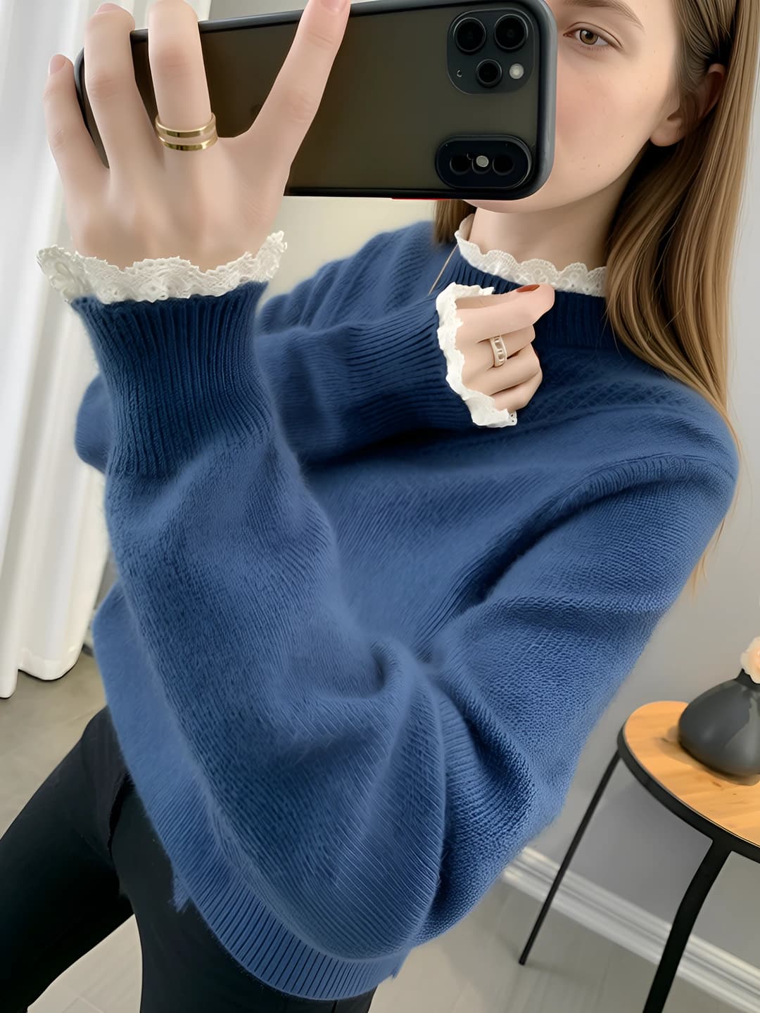 Women's thin sweater, spring-autumn 2026, solid colour, crew neck, long sleeve, loose fit, cropped, lace