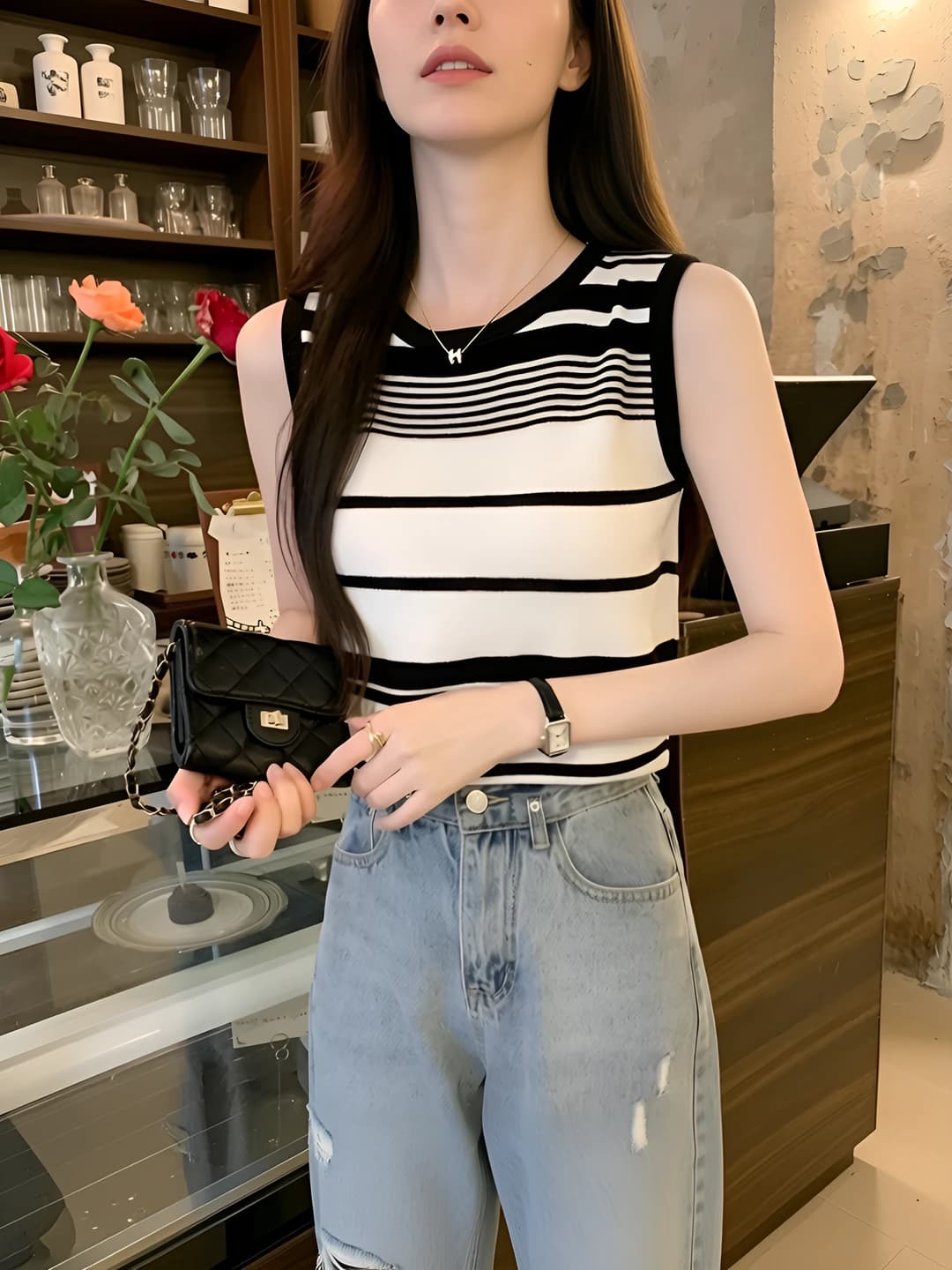 Women's striped knitted tank top, summer 2026, slim fit, crew neck, medium thickness