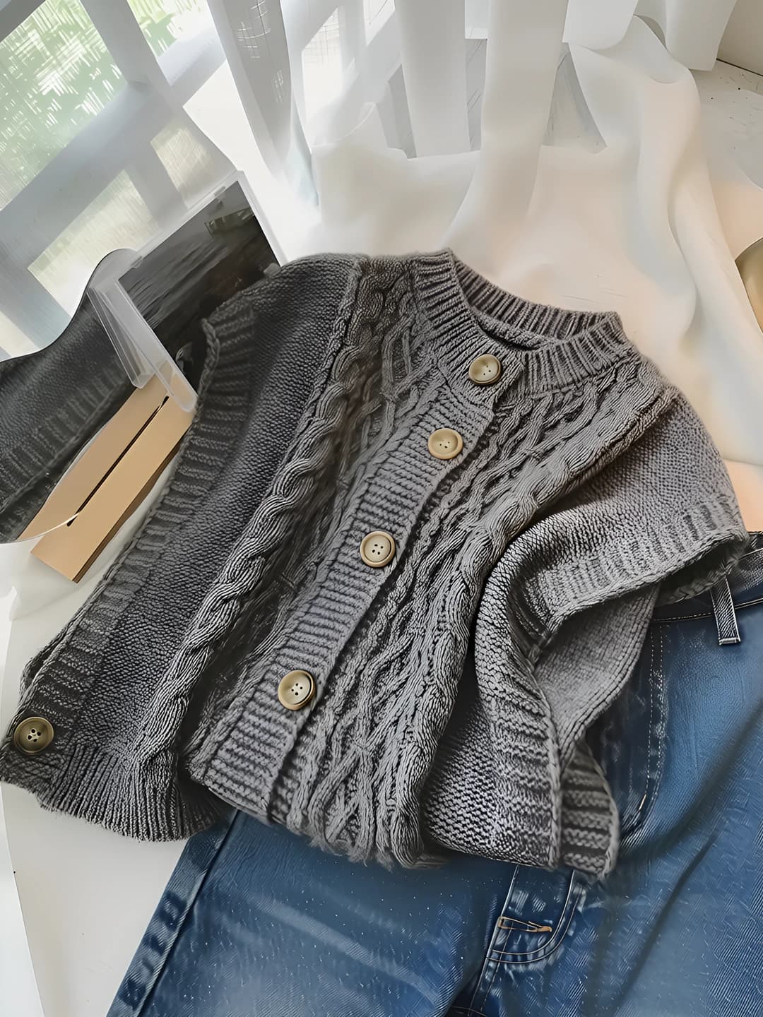 Women's spring-autumn cropped cable-knit cardigan vest, crew neck, solid colour, loose fit, polyester