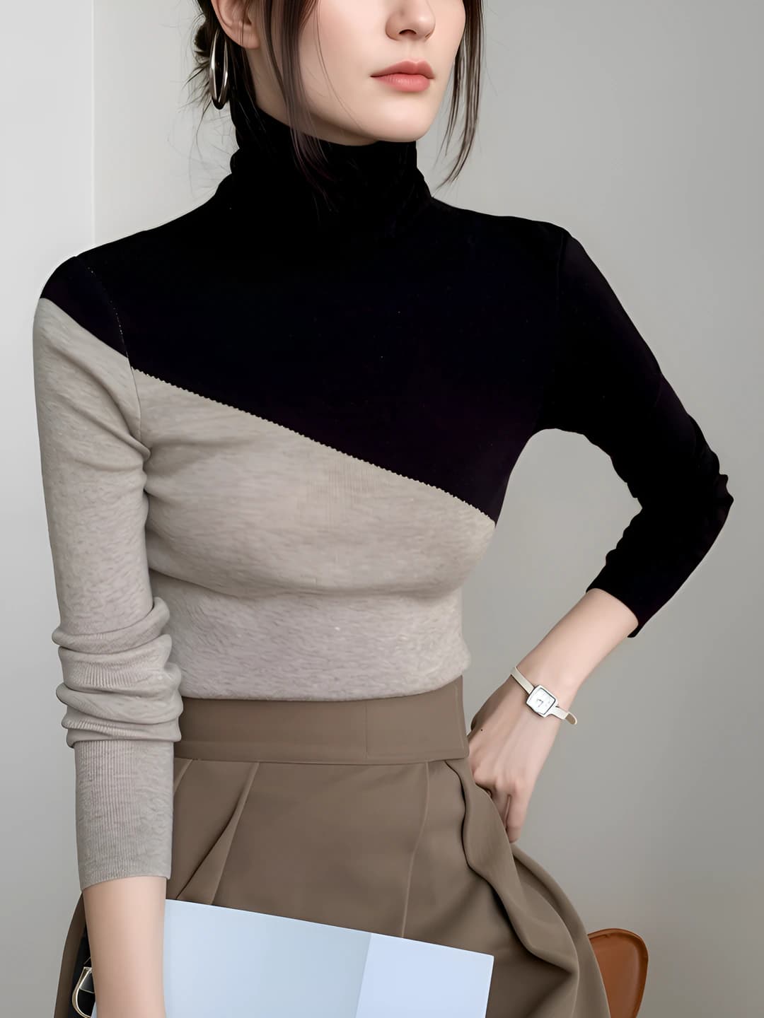 Women's high neck knit sweater for autumn-winter 2026, slim fit, long sleeve, two-tone, base layer top