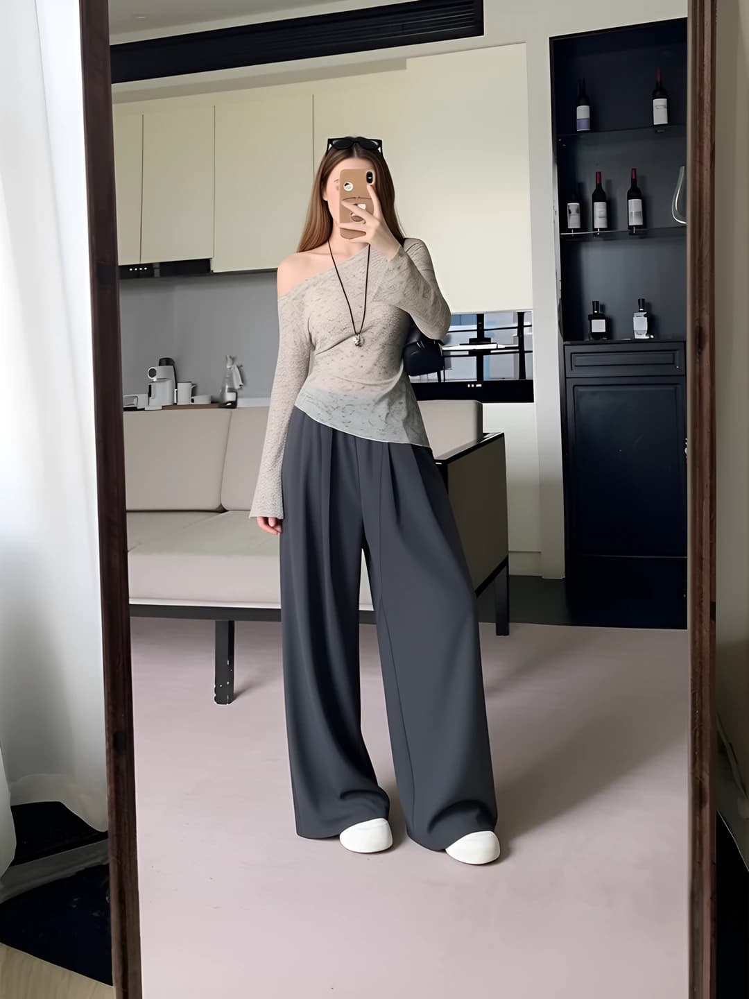 Women's knit dropped-shoulder tie-dye slim fit thin long sleeve solid colour diagonal collar irregular hem top, 2026 autumn