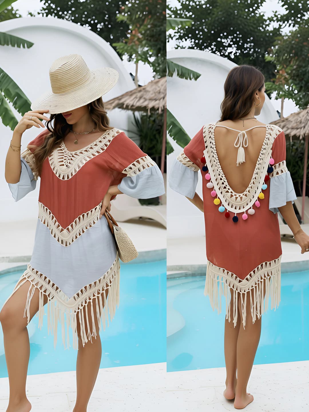 Women's 2026 beach dress: crocheted, hand-sewn, bamboo cotton, tassel, polyester