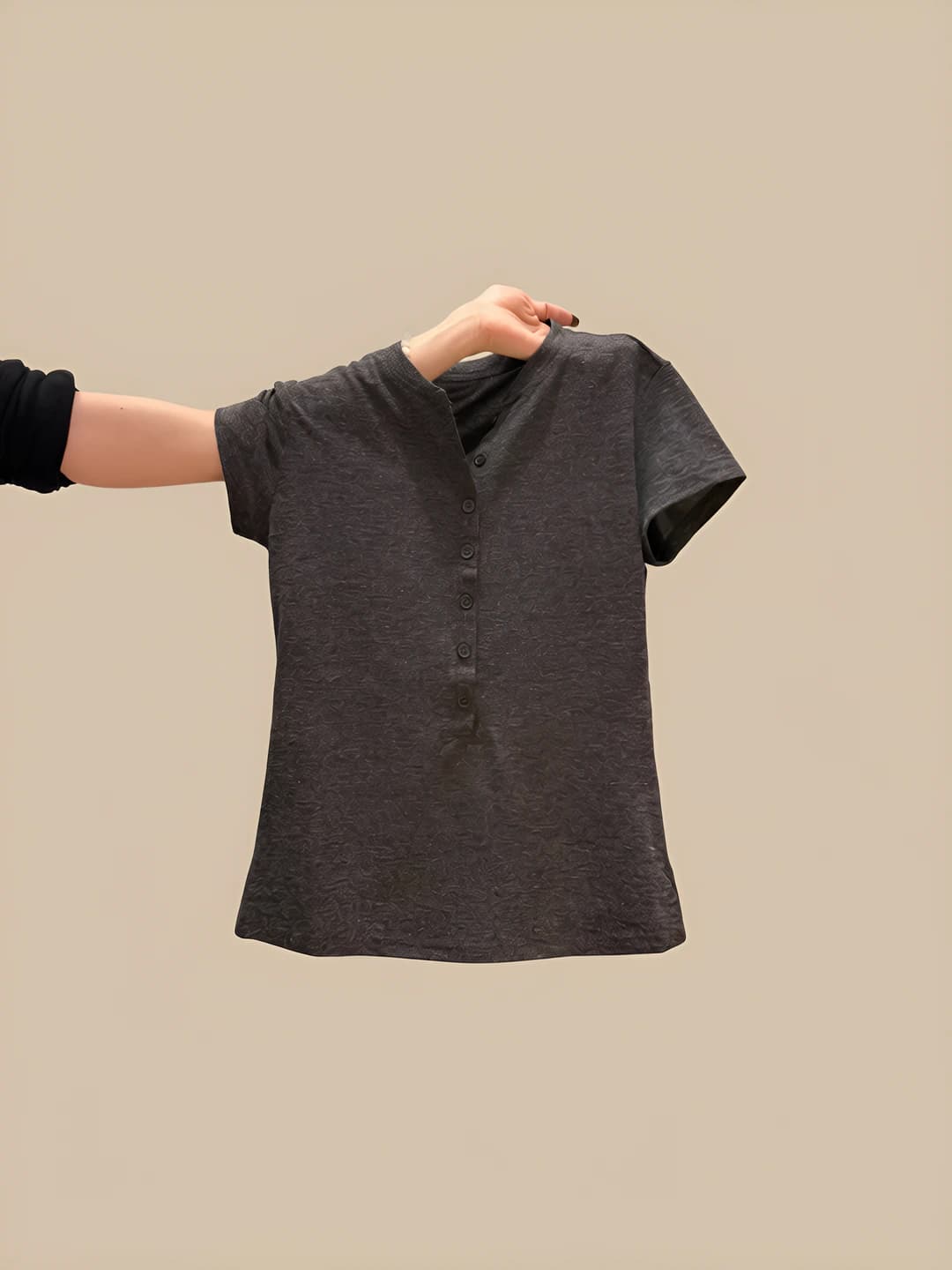 Women's dark grey short sleeve henley t-shirt, slim fit, slimming, spring-summer 2026