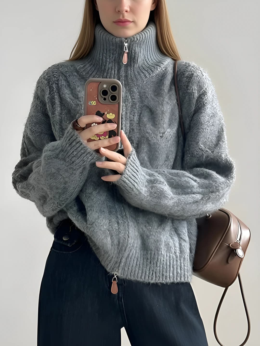 Women's 100% wool zip-up cardigan, high neck, thickened, cable knit, loose fit, autumn-winter