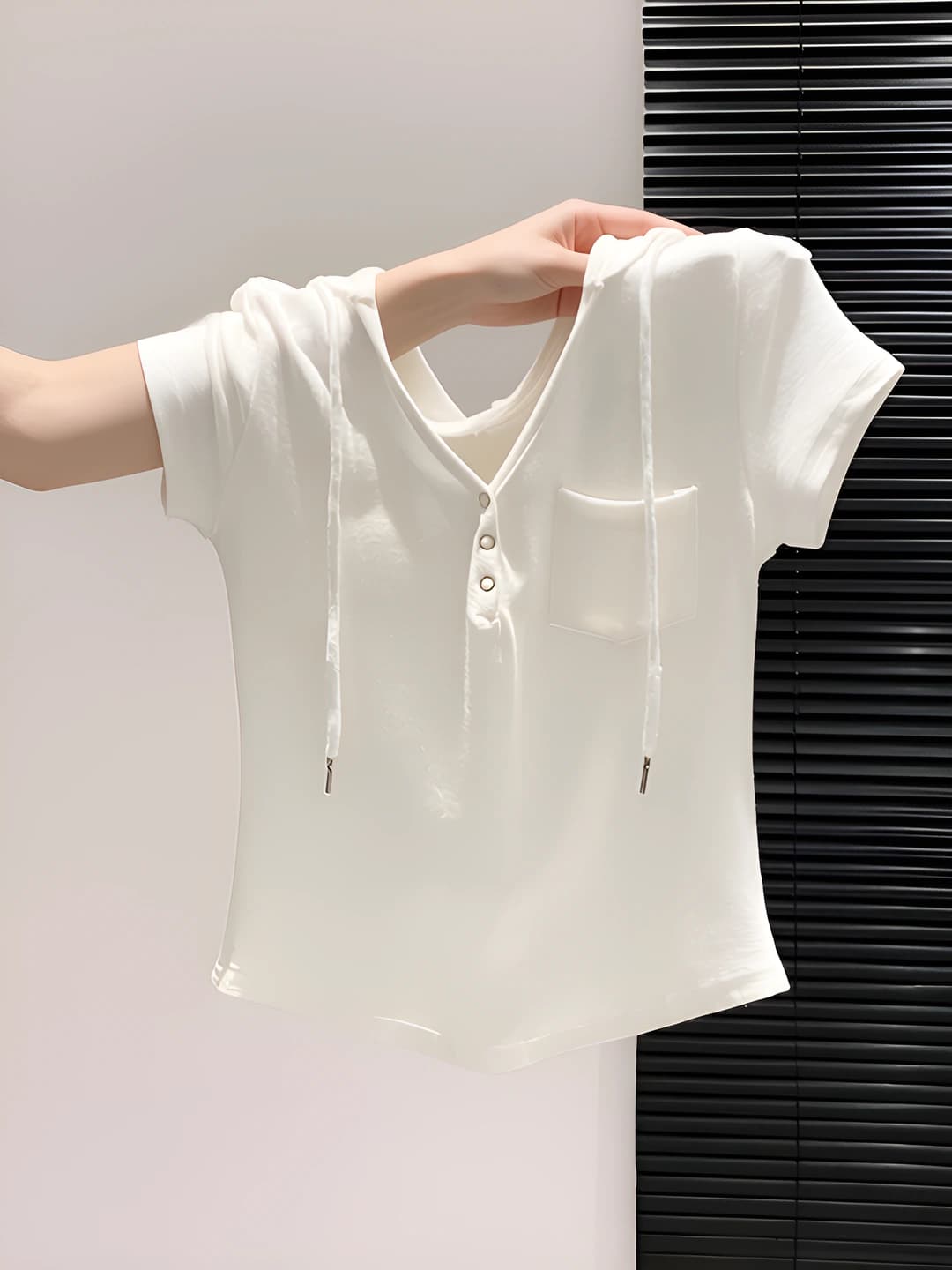 Women's white short-sleeve V-neck hooded slim fit slimming summer t-shirt